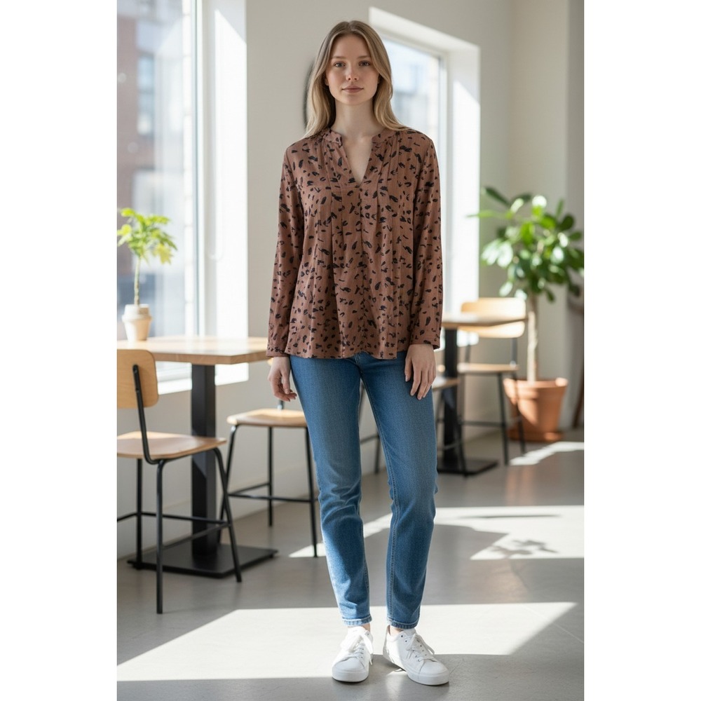 Entro Women's Blouse Top Brown Black Animal Print V Neck Long Sleeve Size L